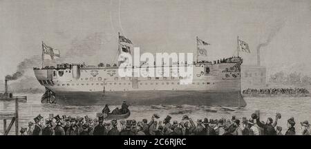 Historia de la navegación. SIGLO XIX Inglaterra. La corbeta'Comus', primaire buque de acero de la marina británica de guerra, en el acto de ser botada al agua en Fairfeld Govan. Grabado. La Ilustración Española y Americana,1878. Banque D'Images