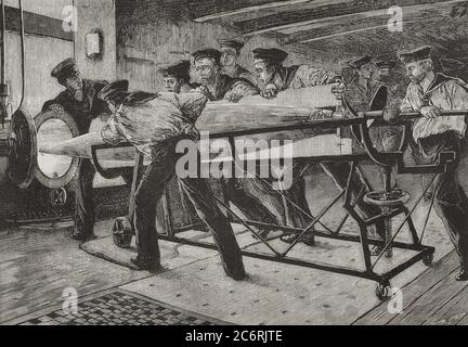 Nuevo torpedo-pez de M. Whitehead, experimentado en Portland. A bordo del buque británico de guerra'Thunderer'examinó el comandante Wilson, directeur de la construcción de torpedos en Inglaterra, el nuevo torpedo-pez construído con delgadas láminas de acero templado. Grabado con la representación del lanzamiento al agua de un nuevo torpedo-pez desde el buque'Thunderer', en Portland. La Ilustración Española y Americana,1878. Banque D'Images