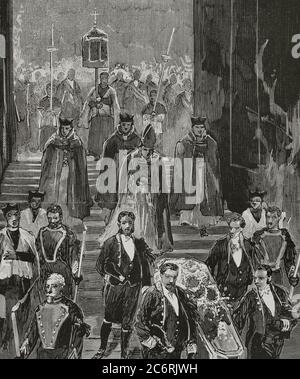 María Cristina de Borbón-dos Sicilias (1806-1878). Reina de España. Cuarta esposa del rey Fernando VII Regente de España entre 1833 y 1840, durante la minoría de edad de Isabel II Entierro de la Reina María Cristina en El Escorial. Bajada del cadáver al Panteón de los Reyes. Grabado. La Ilustración Española y Americana,1878. Banque D'Images