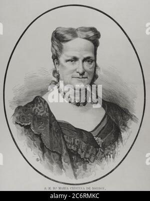 María Cristina de Borbón-dos Sicilias (1806-1878). Reina de España. Cuarta esposa del rey Fernando VII Regente de España entre 1833 y 1840, durante la minoría de edad de Isabel II Dibujo por Badillo. Grabado por Carretero. La Ilustración Española y Americana,1878. Banque D'Images