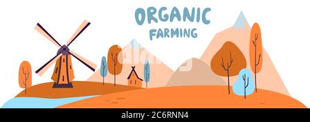 Illustration vectorielle de l'agriculture, des terres agricoles, des champs. Logo de la société agricole avec slogan. Bannière, rapport annuel, tirages, prospectus, brochure Illustration de Vecteur