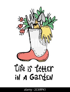Une illustration avec lettrage et dessin main botte en caoutchouc pour caniche avec plantes et outils de jardinage. La vie est meilleure dans un jardin Illustration de Vecteur