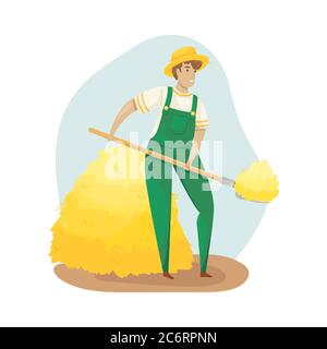 Un fermier en combinaison et un chapeau de paille récolte du foin avec une fourche. Récolte. Le soin du jardin. Agriculture, agriculture. Illustration de Vecteur