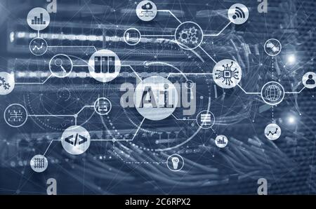 Intelligence artificielle. AI. Arrière-plan flou de la salle du fournisseur. Banque D'Images