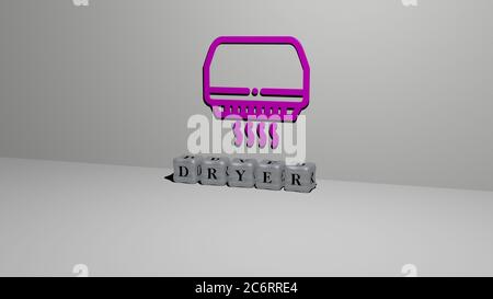 Illustration 3D des graphiques de sèche-cheveux et du texte fait par des lettres de dés métalliques pour les significations liées du concept et des présentations. Cheveux et beauté Banque D'Images