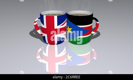 ROYAUME-UNI SUD-SOUDAN placé sur une tasse de café chaud dans une illustration 3D miroir sur le sol avec une perspective réaliste et des ombres Banque D'Images