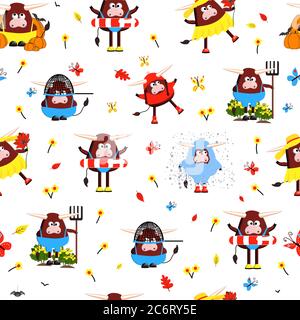 Année du taureau. Personnages amusants. Cher OX. Symbole de 2021. Motif de Noël Illustration de Vecteur