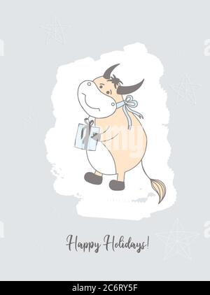 Année du taureau. Personnages amusants. Mignon bœuf en vêtements. Symbole de 2021. Carte de Noël. Illustration de Vecteur