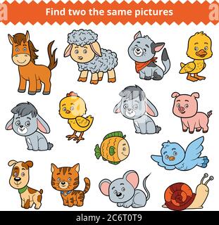 Trouvez deux images identiques, jeu éducatif pour enfants, ensemble vectoriel d'animaux de ferme Illustration de Vecteur