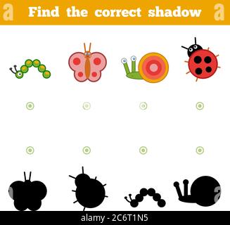 Trouvez l'ombre correcte, jeu d'éducation pour les enfants. Ensemble d'insectes de dessin animé Illustration de Vecteur