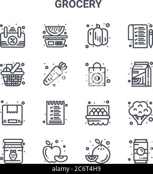 ensemble de 16 icônes de lignes vectorielles concept épicerie. icônes 64x64 à trait fin telles que pastèque, épicerie, jus d'orange, œufs, pomme, boisson, citron, sac à main, li Illustration de Vecteur