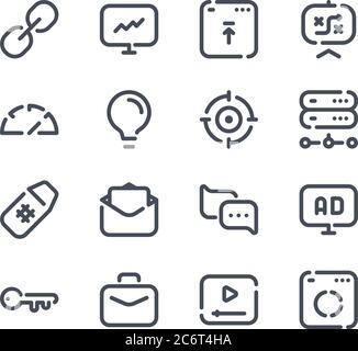 ensemble de 16 icônes de ligne vectorielle de concept seo. icônes à traits fins 64 x 64, telles que statistiques, indicateur de vitesse, serveur, discussion, porte-documents, analyse, vidéo, cible, s Illustration de Vecteur