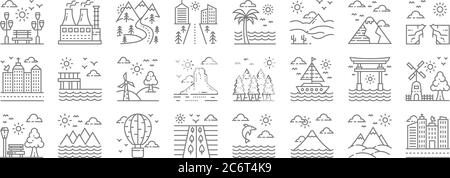 icônes de la nature et du paysage. ensemble linéaire. ensemble de lignes vectorielles de qualité telles que paysage urbain, montagne, champs, parc, temple d'itsukushima, moulin à vent, climat Illustration de Vecteur