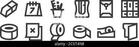 12 jeux d'icônes linéaires pour la papeterie de bureau. icônes à contour fin telles que dossier, ruban adhésif, notes adhésives, enveloppe, étui à crayons, calendrier pour le web, mobile Illustration de Vecteur