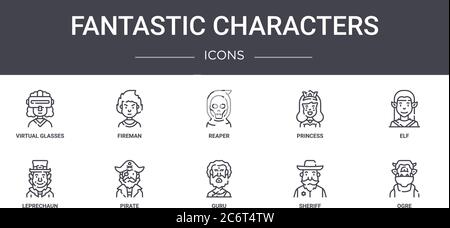 jeu d'icônes de ligne de personnages fantastiques. contient des icônes utilisables pour le web, le logo, ui/ux tels que pompier, princesse, leprechaun, guru, shérif, ogre, el Illustration de Vecteur