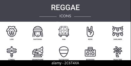 jeu d'icônes de ligne de concept reggae. contient des icônes utilisables pour le web, le logo, l'interface utilisateur/ux tels que rastafari, rock, cymbale, guitare pick, boom box, palmier, guirlande, Illustration de Vecteur