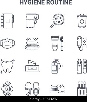 jeu de 16 icônes de lignes vectorielles de concept de routine d'hygiène. icônes 64x64 à trait fin telles que papier toilette, masque médical, tampon, savon liquide, pantoufles, coton Illustration de Vecteur