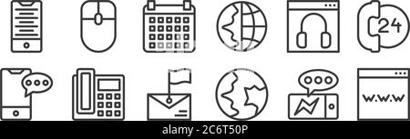 12 ensemble d'icônes de contact linéaires. icônes de contour mince telles que www, communication globale, téléphone, service à la clientèle, calendrier, souris pour le web, mobile Illustration de Vecteur