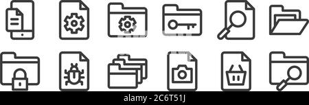 12 ensemble d'icônes linéaires de documents et de fichiers. icônes de contour mince telles que dossier, photo, bogue, fichier, dossier, paramètres pour le web, mobile Illustration de Vecteur