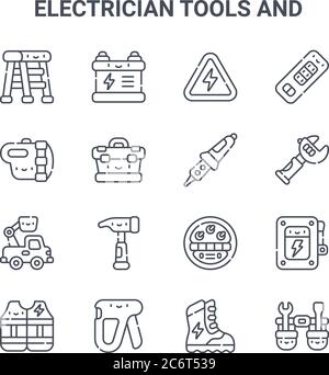 jeu de 16 outils d'électricien et icônes de lignes vectorielles conceptuelles. icônes à fine course 64x64 telles que chargement de la batterie, lampe de poche, clé, watt, agrafeuse, outil b. Illustration de Vecteur