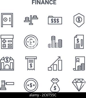 ensemble de 16 icônes de ligne vectorielle de concept de financement. icônes 64x64 à trait fin telles que balance, calculatrice, accord, croissance, dollar, diamant, sac d'argent, pièce, Illustration de Vecteur