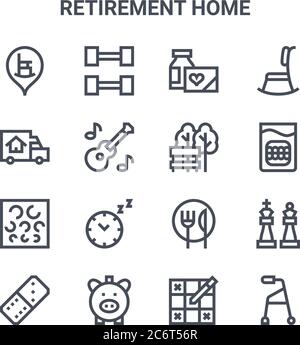 set of 16 retirement home concept vector line icons. 64x64 thin stroke icons such as gym, moving truck, denture, food, piggy bank, baby walker, sudoku Illustration de Vecteur