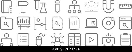 icônes de ligne d'éducation scolaire. set linéaire. ensemble de ligne de vecteur de qualité tel que rapport, lecteur vidéo, molécule, hiérarchie, système solaire, abacus, règle, hiera Illustration de Vecteur