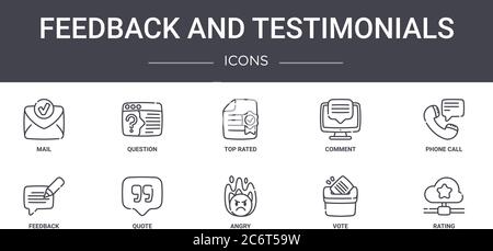 jeu d'icônes de ligne de concept de commentaires et de témoignages. contient des icônes utilisables pour le web, le logo, l'interface utilisateur/ux, telles que la question, le commentaire, le feedback, la colère, le vote, la notation, Illustration de Vecteur