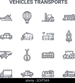 ensemble de 16 icônes de lignes vectorielles de transport de véhicules. icônes 64x64 à course mince telles que ballon d'air chaud, voiture de pick-up, fusée, bus électrique, voiture, ambul Illustration de Vecteur