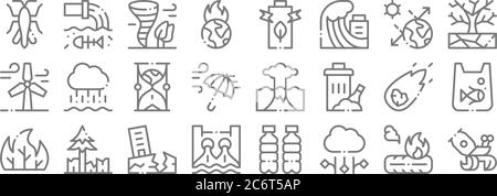 icônes de lignes de changement climatique. set linéaire. ensemble de lignes de vecteur de qualité telles que le crabe ermite, la grêle, l'hydroélectricité, le feu de forêt, le météore, le sablier, la sécheresse, la batter Illustration de Vecteur