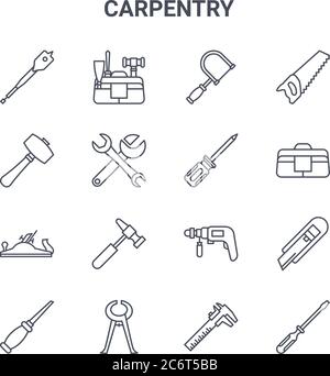 ensemble de 16 icônes de ligne vectorielle de concept de menuiserie. icônes à course mince 64x64 telles que kit, maillet, sac, foret, pruneau, tournevis, balance, tournevis, scie Illustration de Vecteur