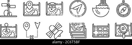 12 ensemble d'icônes de navigation linéaire et de cartes. icônes de contour mince telles que la carte, carte, interrompue, écho, carte de trésor, pour le web, mobile Illustration de Vecteur