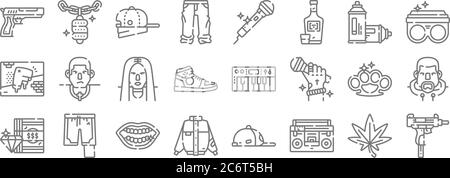 icônes de ligne de hip hop. set linéaire. ensemble de ligne de vecteur de qualité comme uzi, boombox, vintage, argent, cuivre, hip hop, anneau, microphone, collier Illustration de Vecteur