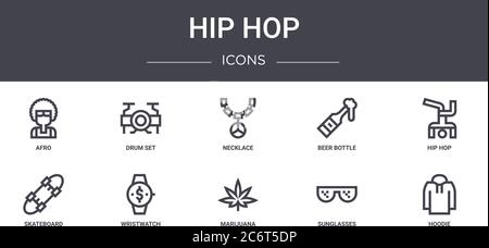 ensemble d'icônes de la ligne de concept hip hop. contient des icônes utilisables pour le web, le logo, l'interface utilisateur/ux, comme un ensemble de batterie, une bouteille de bière, un skateboard, de la marijuana, des lunettes de soleil, un sweat à capuche, h Illustration de Vecteur