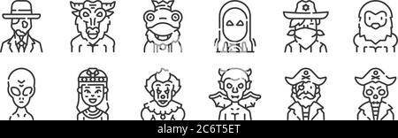 12 jeux de personnages fantastiques et linéaires. icônes aux contours fins comme le pirate, le diable, le cleopatra, le cowboy, le prince grenouille, minotaur pour le web, mobile Illustration de Vecteur