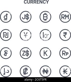 ensemble de 16 icônes de ligne vectorielle de concept de devise. icônes 64x64 à trait fin telles que dollar, shekel, roupie, laos, côlon, myanmar, naira, couronne danoise, malais Illustration de Vecteur