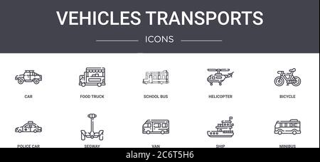 ensemble d'icônes de la ligne de concept de transport de véhicules. contient des icônes utilisables pour le web, le logo, l'interface utilisateur/ux comme camion alimentaire, hélicoptère, voiture de police, fourgonnette, navire, minibus, Illustration de Vecteur