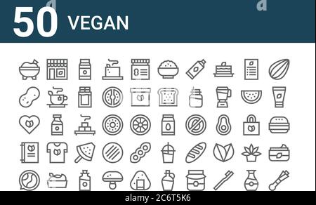 ensemble de 50 icônes végétaliennes. mettez en évidence les icônes fines telles que le poireau, l'écologie, le livre de recettes, le végétalien, l'arachide, le magasin de légumes, le lait d'amande Illustration de Vecteur