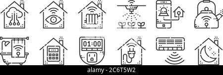 12 ensemble d'icônes smathome linéaires. icônes de contour mince telles que le mode veille, la fiche, le mot de passe, la sécurité à la maison, le chauffage, le moniteur pour le web, mobile Illustration de Vecteur