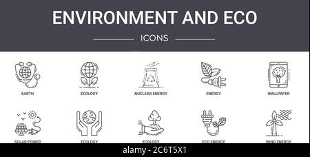 ensemble d'icônes de la ligne de concept d'environnement et d'environnement. contient des icônes utilisables pour le web, le logo, l'interface utilisateur/ux, telles que l'écologie, l'énergie solaire, l'écologie, l'énergie écologique, le vent Illustration de Vecteur
