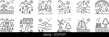12 icônes linéaires de nature et de paysage. icônes de contour mince comme le jardin, moulin, maison de ferme, montagne, vallée, paysage pour le web, mobile Illustration de Vecteur
