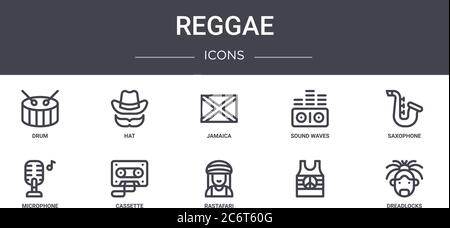 jeu d'icônes de la ligne de concept reggae. contient des icônes utilisables pour le web, le logo, ui/ux tels que le chapeau, les ondes sonores, le microphone, rastafari, , dreadlocks, saxophone, ja Illustration de Vecteur