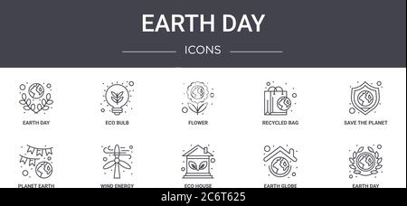 ensemble d'icônes de la ligne concept de jour de la terre. contient des icônes utilisables pour le web, le logo, l'interface utilisateur/ux comme l'ampoule écologique, le sac recyclé, la planète terre, la maison écologique, le globe terrestre, le jour Illustration de Vecteur