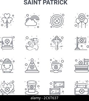 ensemble de 16 icônes de lignes vectorielles saint patrick. icônes 64x64 à traits fins telles que nuage, chapeau, drapeau, café, chapeau, planche, or, croix, ballon Illustration de Vecteur