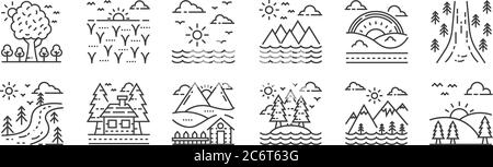 12 icônes linéaires de nature et de paysage. icônes de contour mince telles que le lever du soleil, la forêt, la maison, l'arc-en-ciel, le soleil, les champs pour le web, mobile Illustration de Vecteur