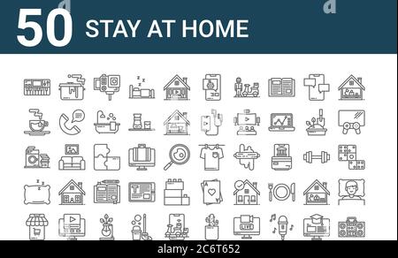ensemble de 50 icônes rester à la maison. contour des icônes fines telles que la radio, les achats en ligne, l'oreiller, la machine à laver, le thé, la cuisine, la blanchisserie Illustration de Vecteur