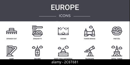 ensemble d'icônes de la ligne de concept europe. contient des icônes utilisables pour le web, le logo, ui/ux tels que spaghetti, pont de tour, harpe, cathédrale saint-paul, télescope, épif Illustration de Vecteur