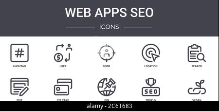applications web seo concept line icons set. contient des icônes utilisables pour le web, le logo, l'interface utilisateur/ux tels que l'utilisateur, l'emplacement, l'édition, le pin, le trophée, vegan, la recherche, l'utilisateur Illustration de Vecteur