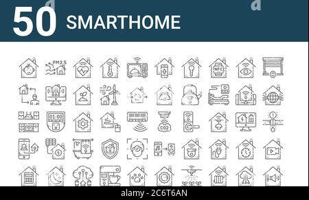 ensemble de 50 icônes smathome. contour des icônes fines telles que le contrôle du son, le mot de passe, la sécurité à la maison, la cuisine, smathome, la qualité de l'air, le capteur Illustration de Vecteur