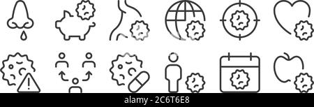 12 ensemble d'icônes linéaires de coronavirus. icônes de contour mince telles que pomme, infection, humain, cible, stomachache, porc pour le web, mobile Illustration de Vecteur